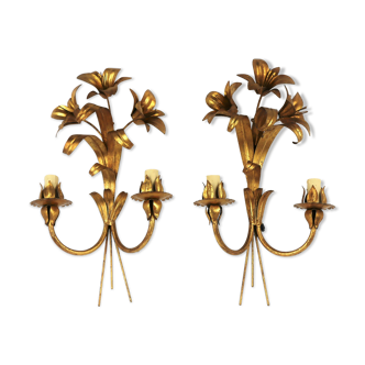 Golden metal flower sconces 1960 in pairs