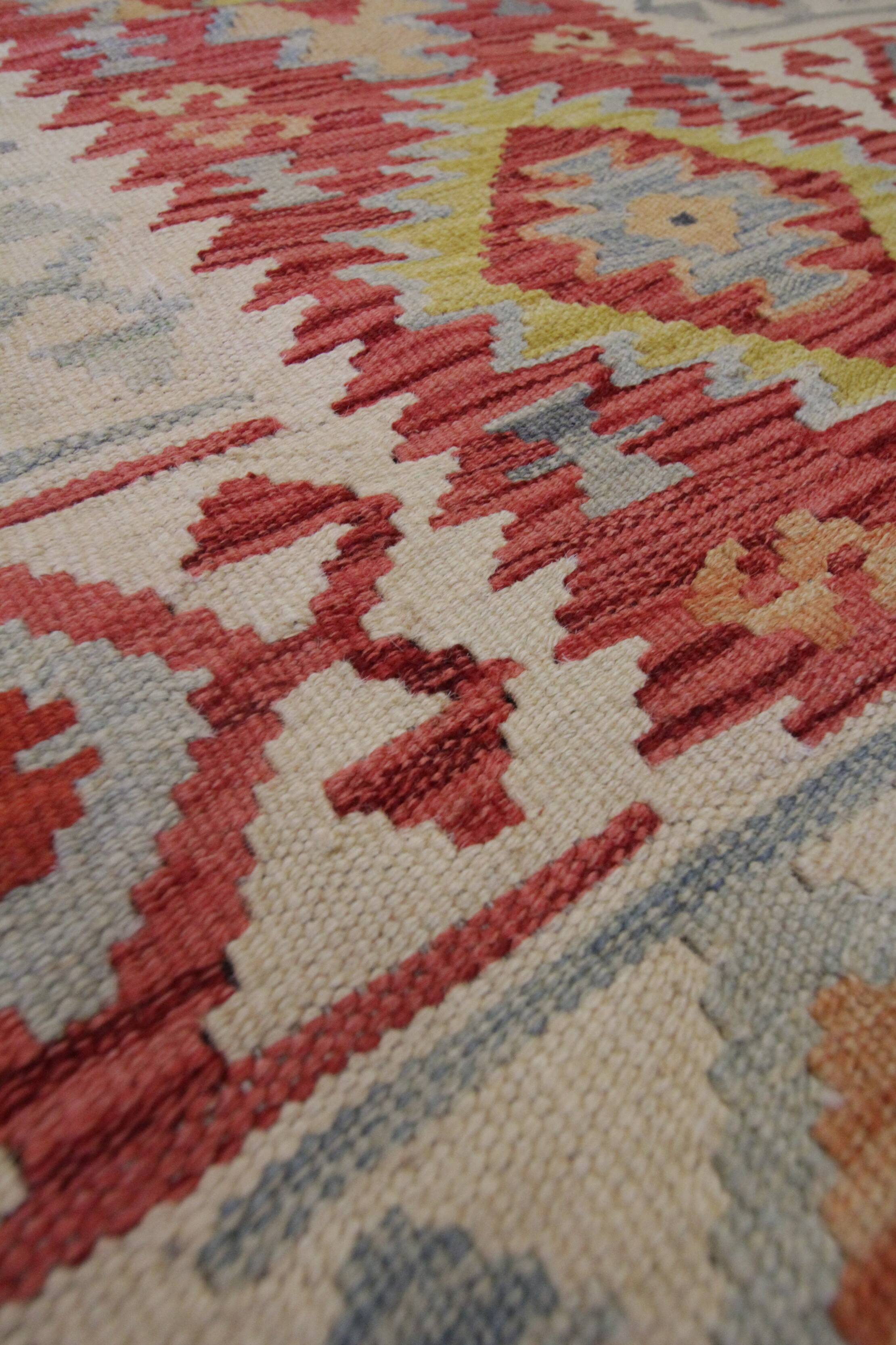 Red Afghan Kilim Rug,Small Wool Flatweave, Geometric Tribal Design Area Rug