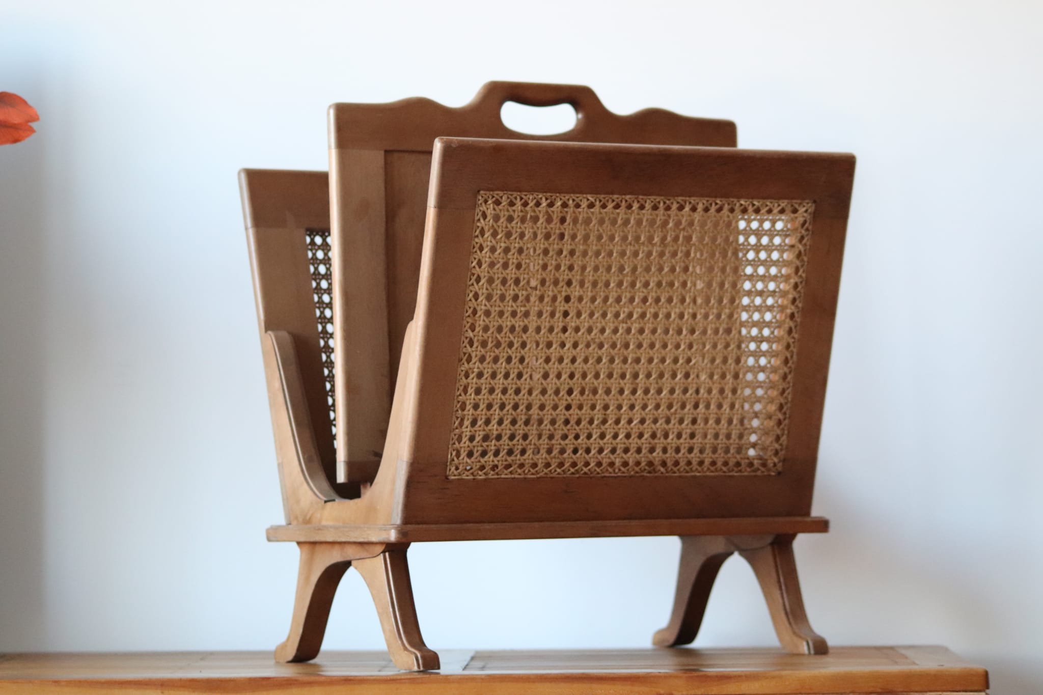 Wooden magazine holder and vintage cannage