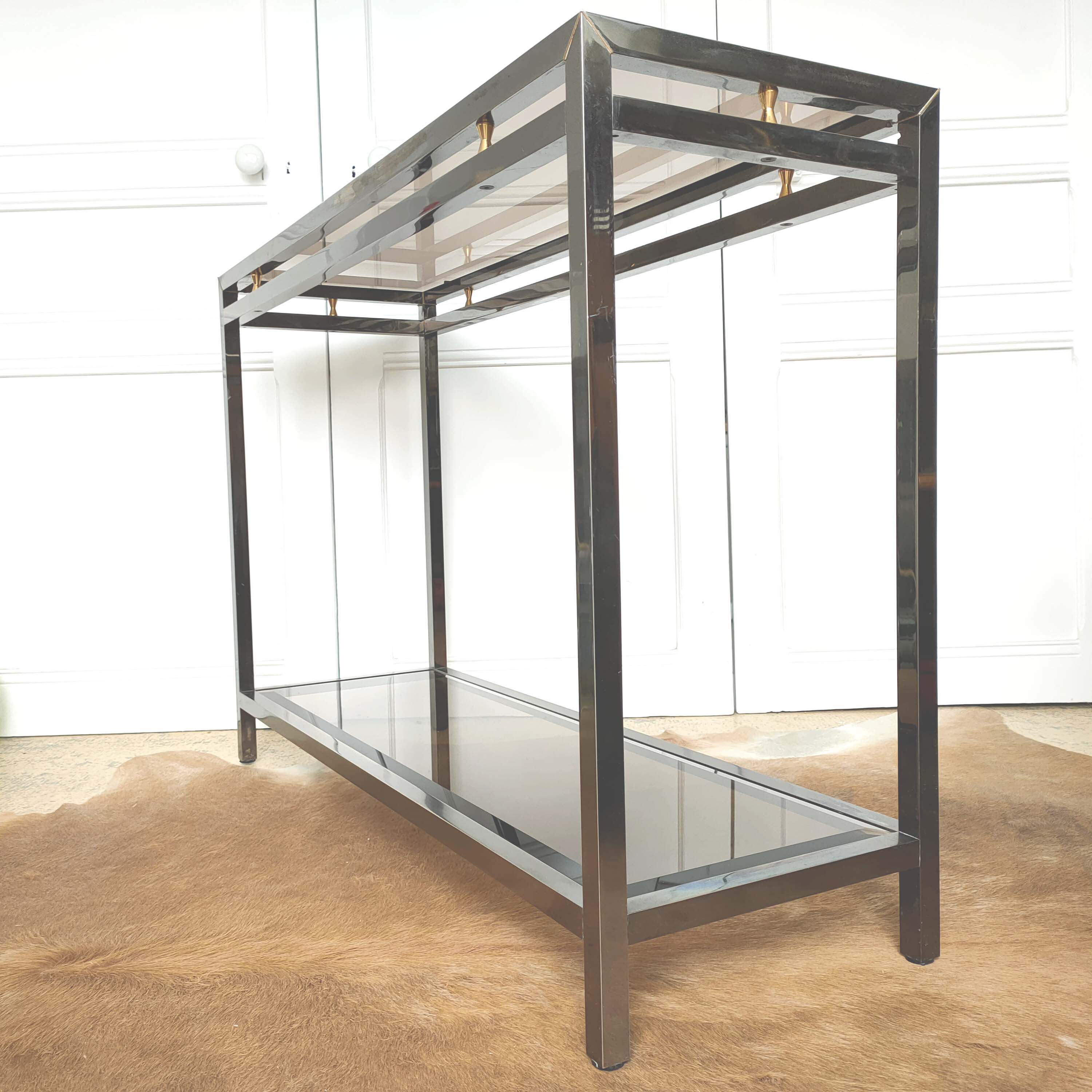 Table console vintage métal laiton et verre fumé biseauté