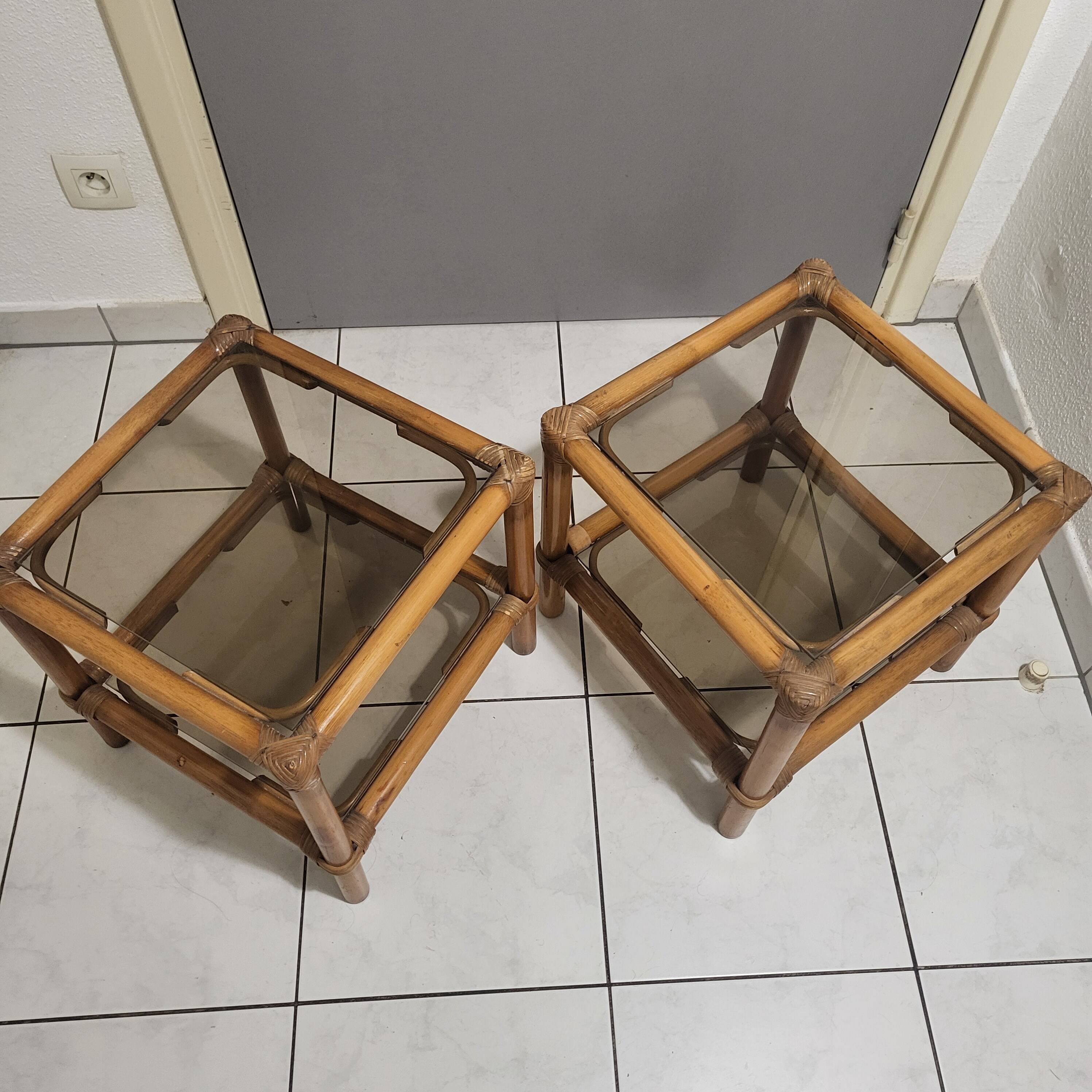 Table, side table in rattan and smoked glass from the 60s, vintage
