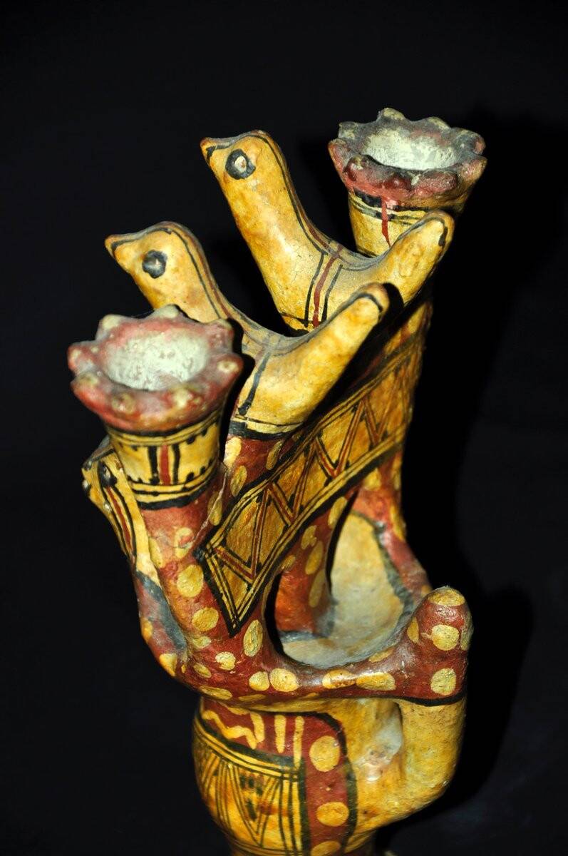Late 19th century Kabyle pottery candlestick with polychrome geometric decoration
