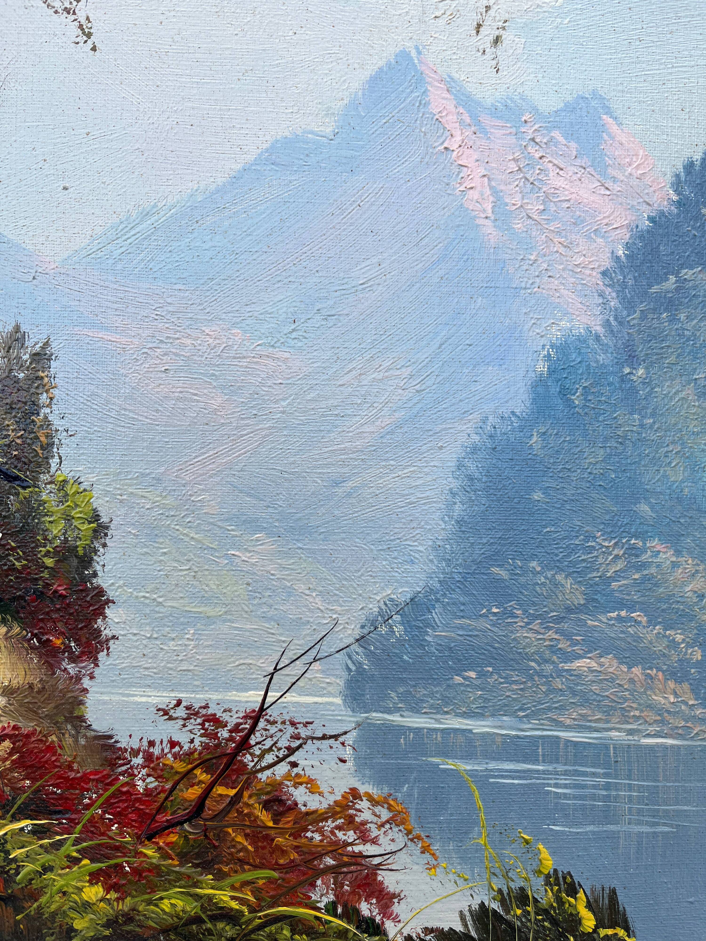 Tableau HST "Paysage de montagne lacustre" signé Vernon + cadre