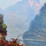 HST painting "Lake mountain landscape" signed Vernon + frame