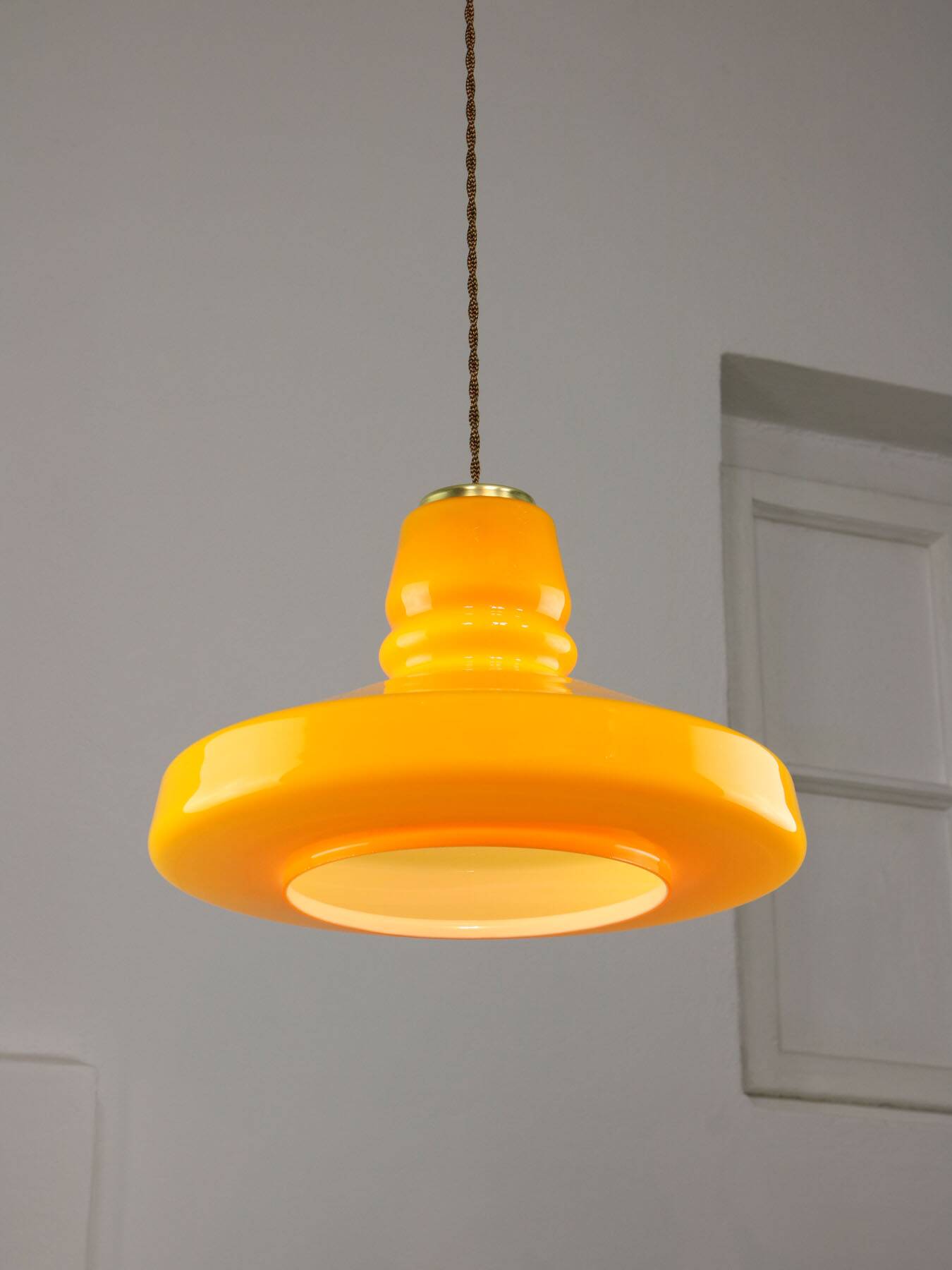 Mid-Century Italian Yellow Glass and Brass Pendant Lamp