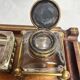 Desk inkwell in molded wood, brass and crystal, late 19th century
