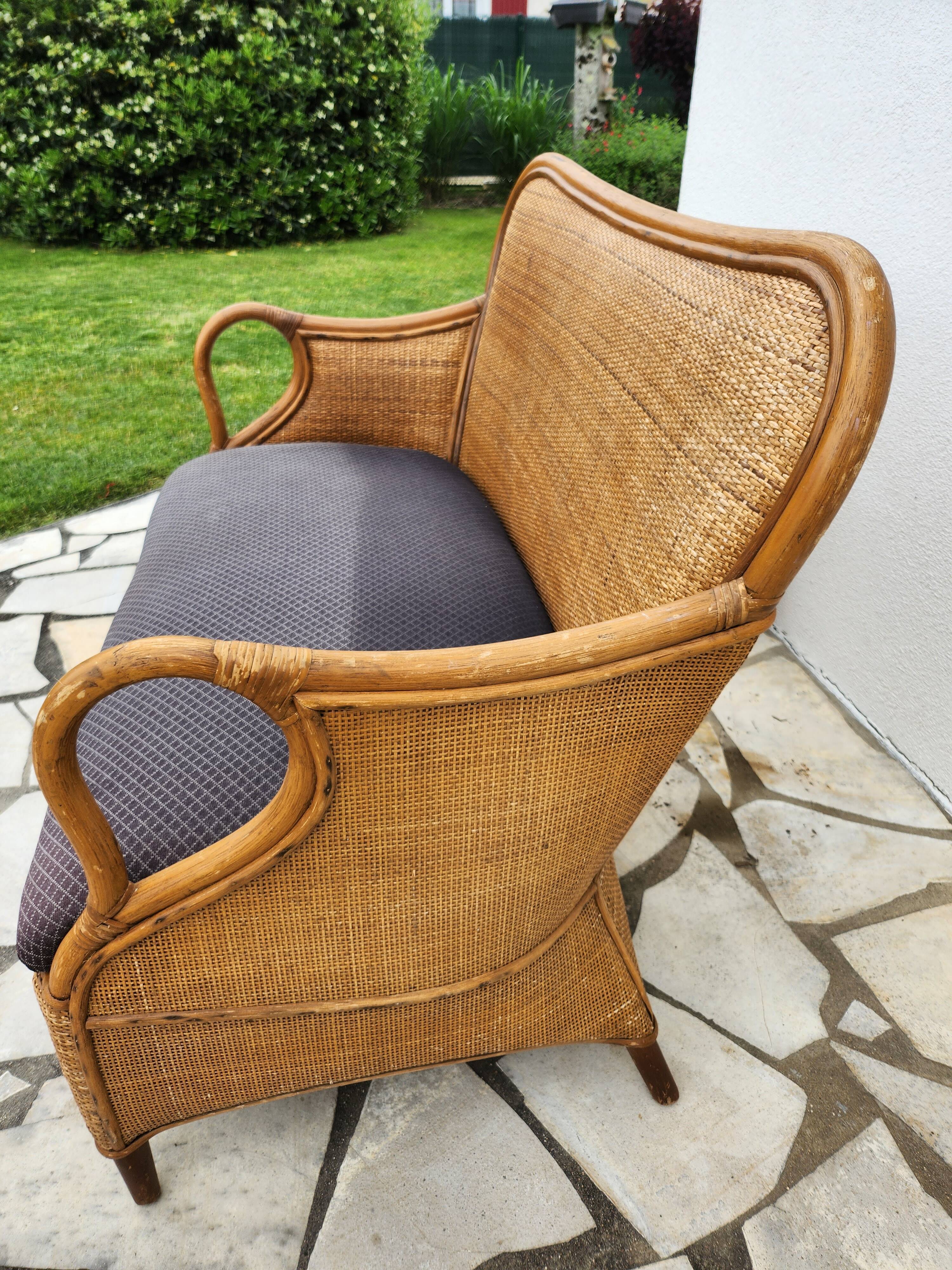 Vintage bench 2 places in rattan and woven rice straw.