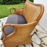 Vintage bench 2 places in rattan and woven rice straw.