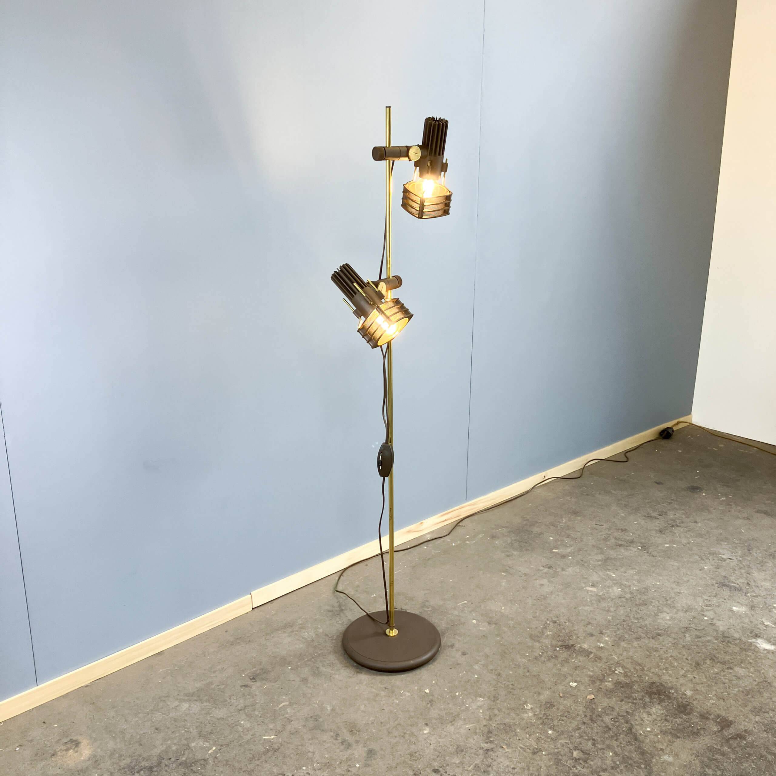 2-bulb floor lamp by Hustadt Leuchten, plastic spotlights on a brass pole, 1970s