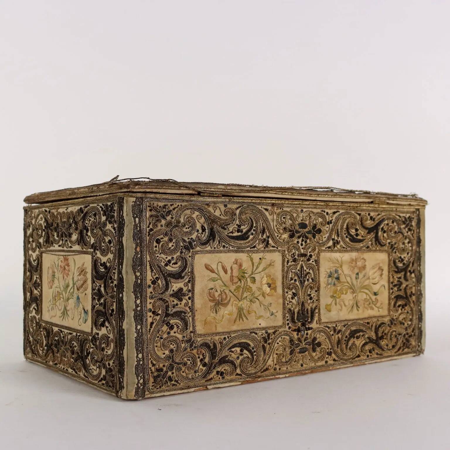 Antique wooden box with fabric and beads, Europe 19th Century