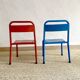 Pair of Mullca nursery chairs in metal and wood painted red and blue
