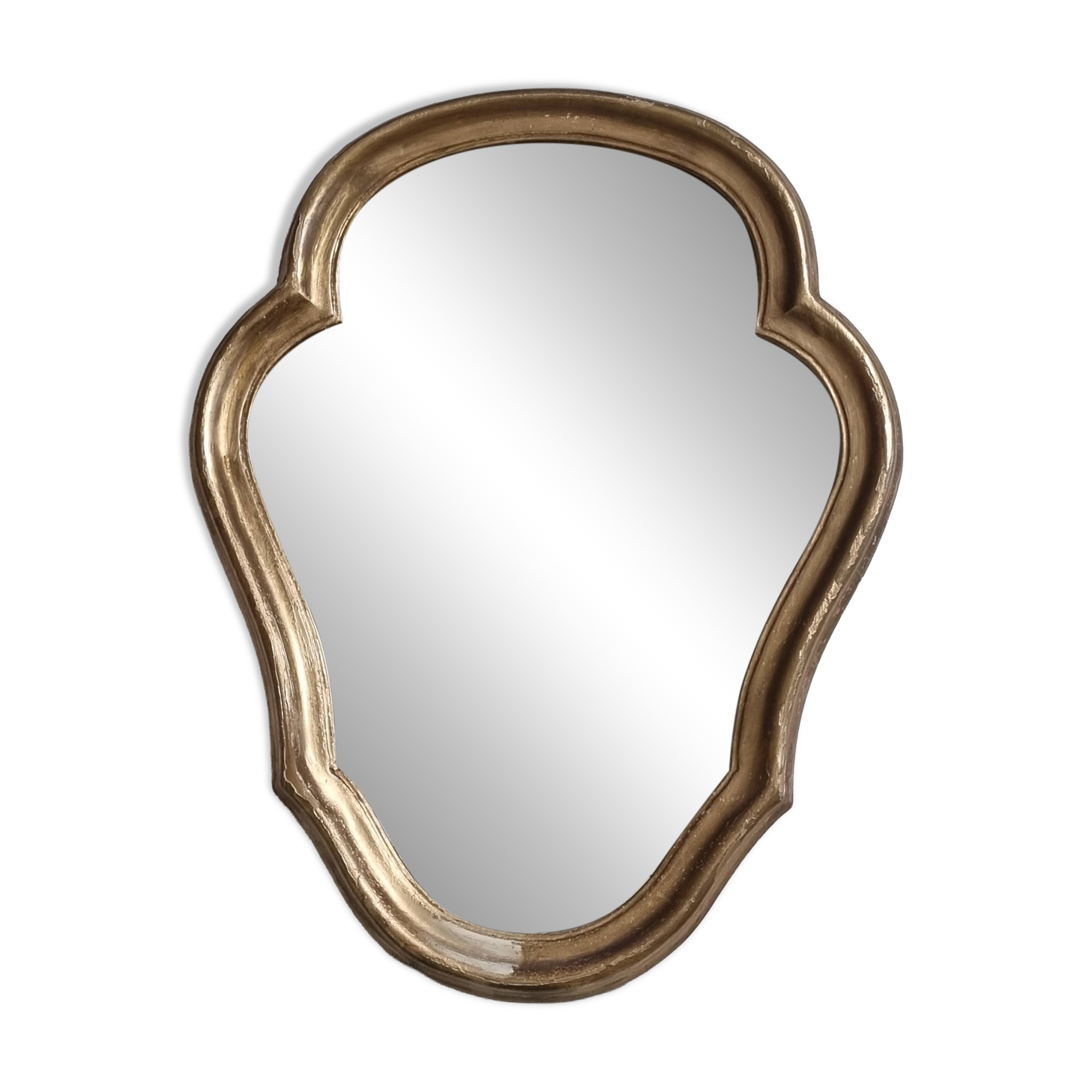 Miroir ancien chantourné en bois doré patiné avec glace d’origine 40x32 cm