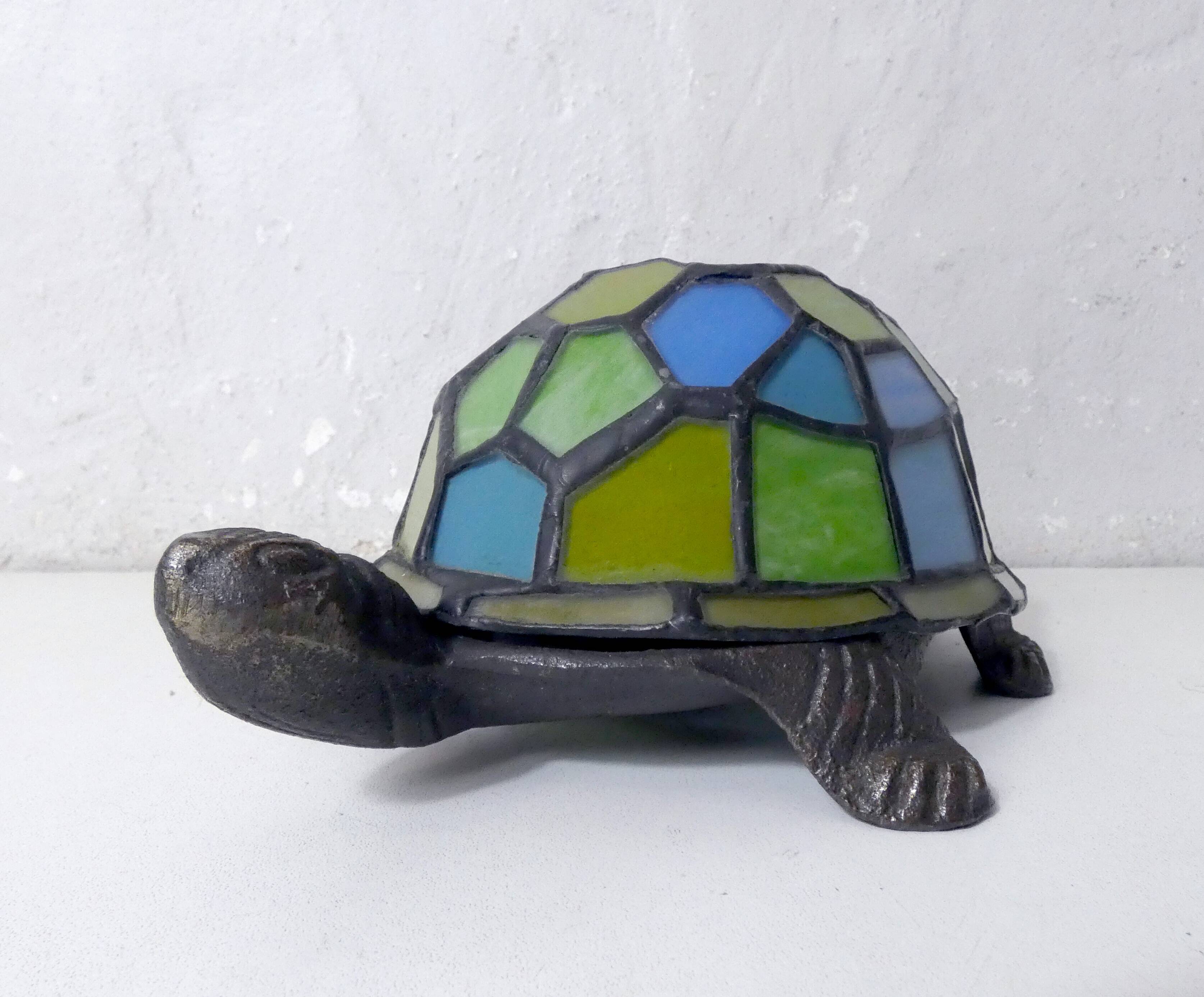 Tiffany style turtle lamp in vintage blue-green glass paste