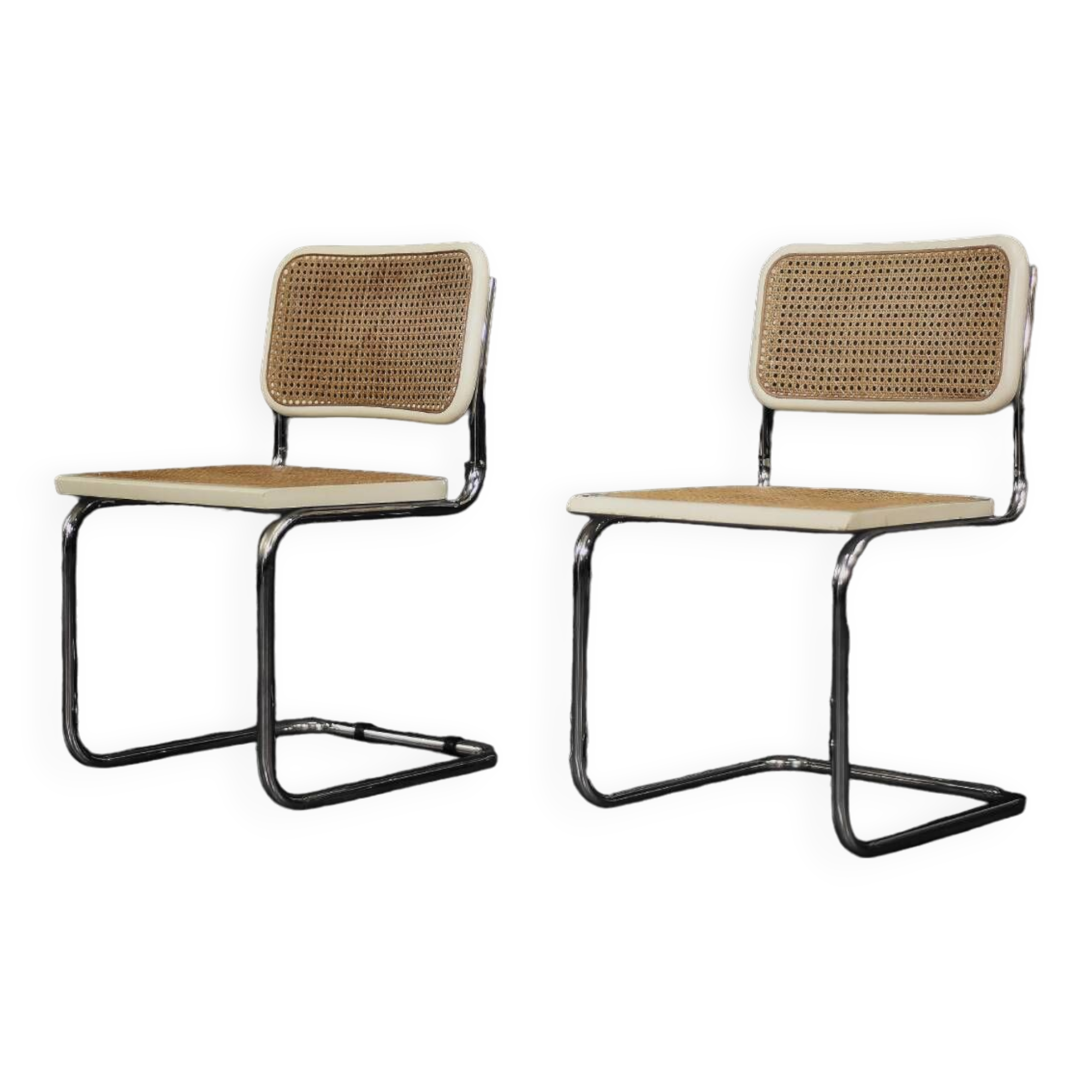 Set of 2 modern vintage Italian chairs in white wood and mid-century French wicker.