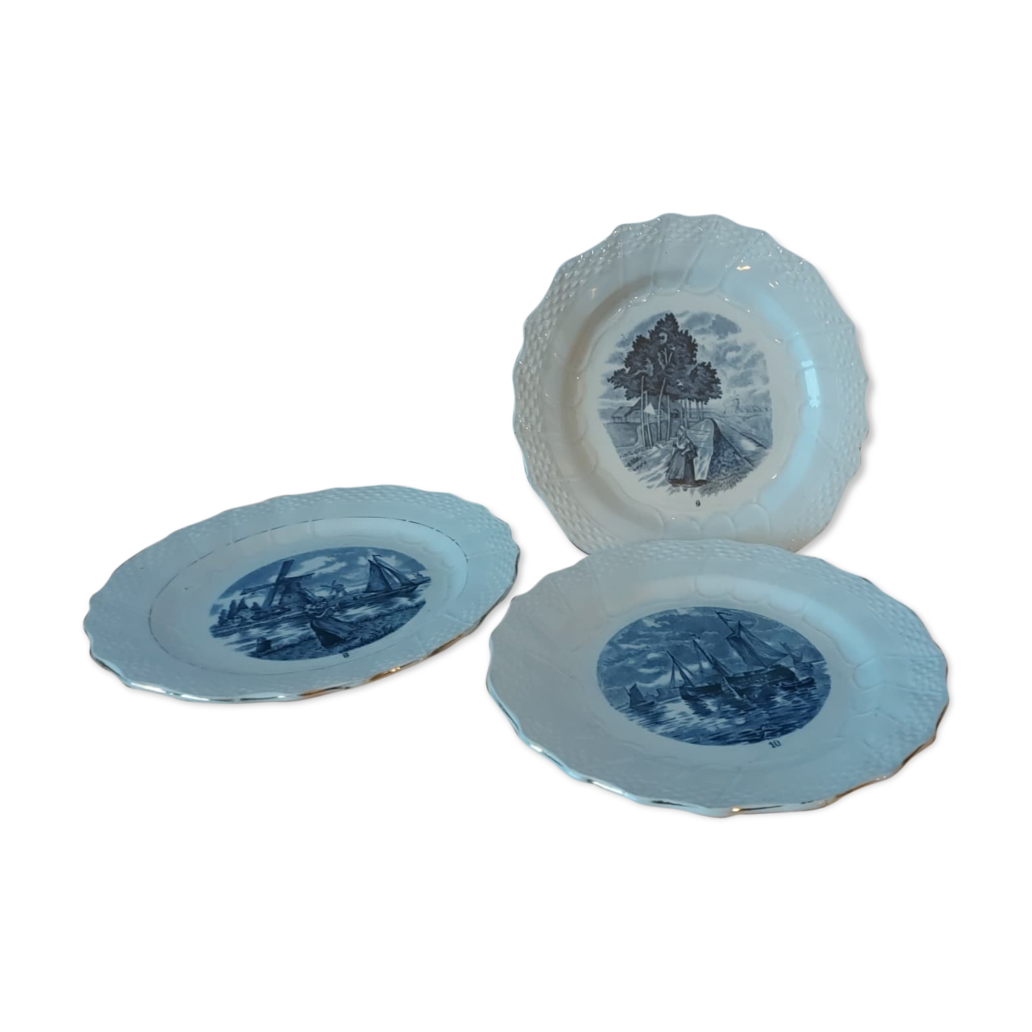 3 delft collection plates, serie hallage, moulin des loups