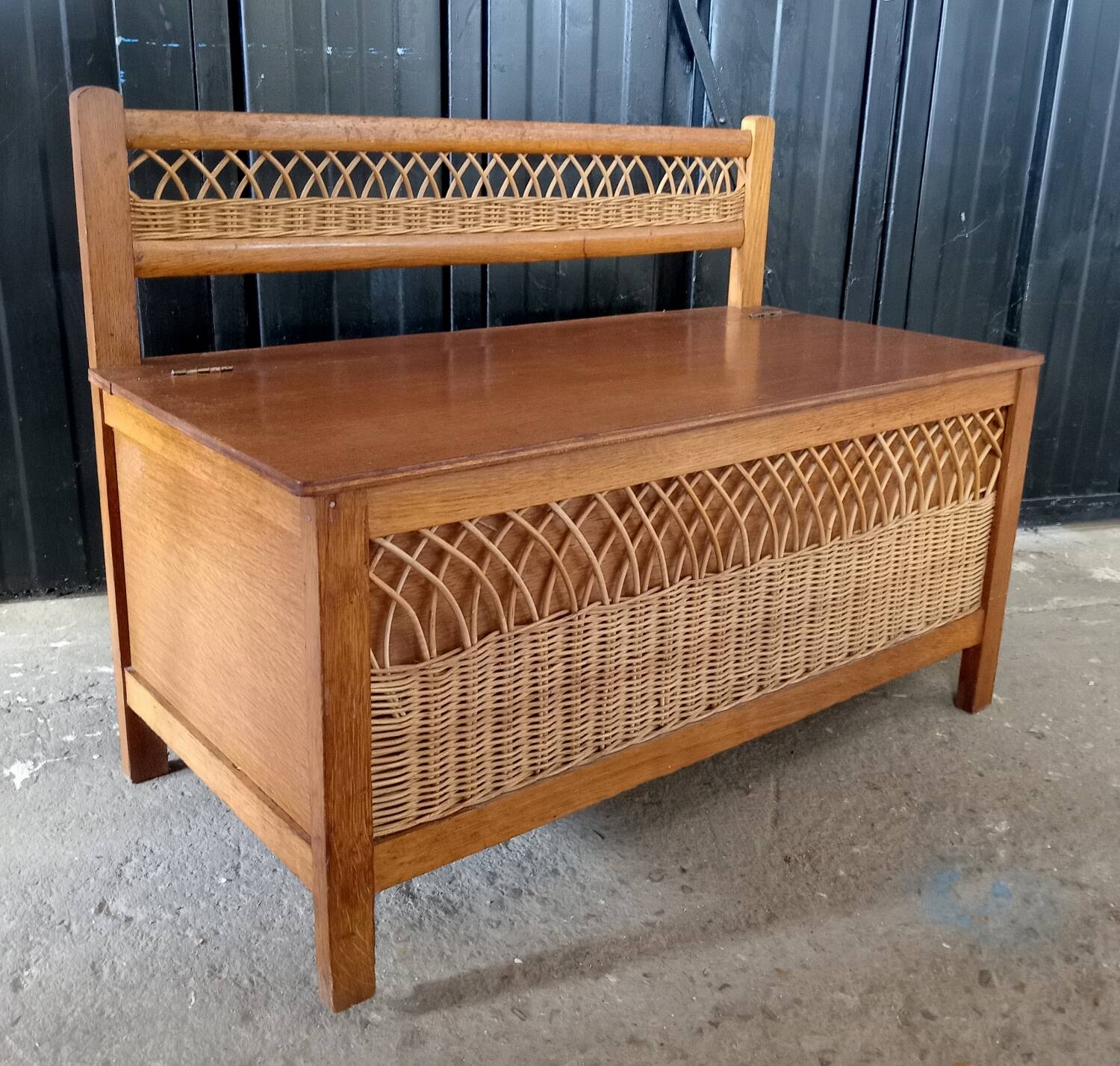 Vintage wood and rattan toy chest bench