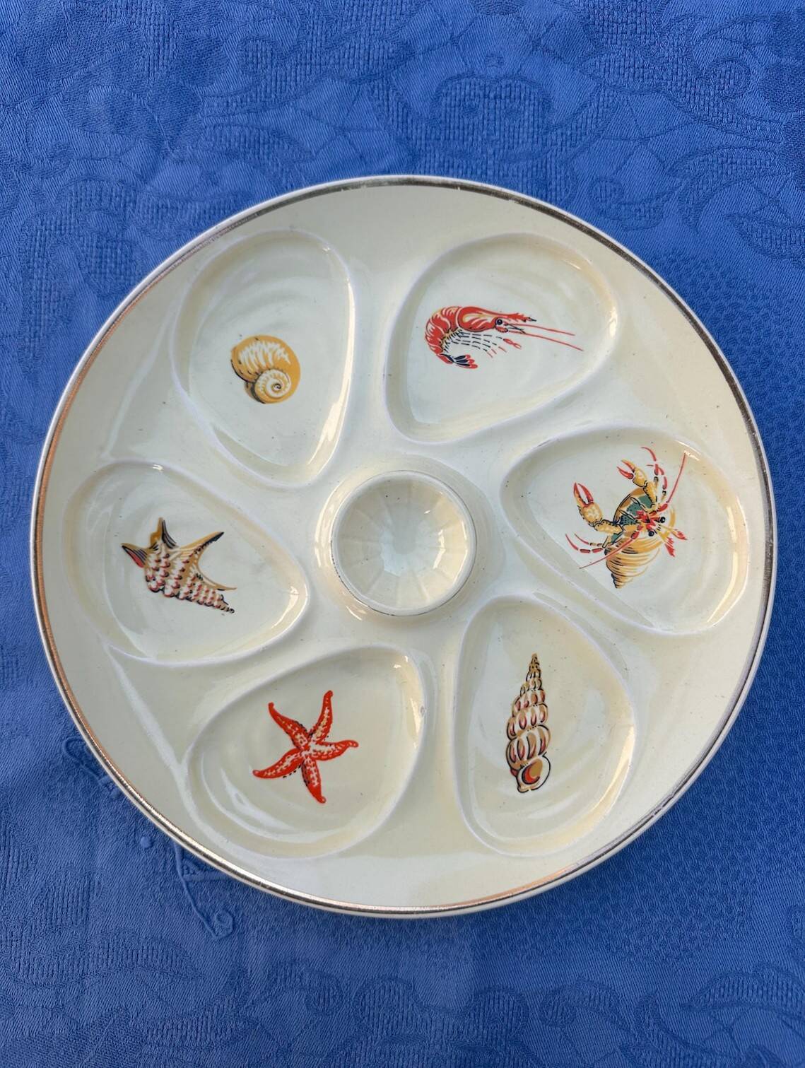 Vintage cream oyster plates Salins France seafood marine decor