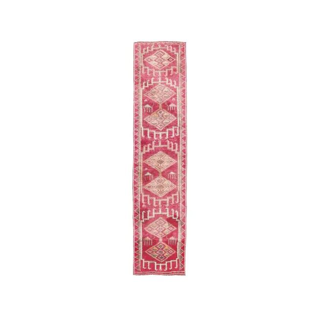 Vintage Pink Geometric Turkish Hand-Knotted Runner 80x361