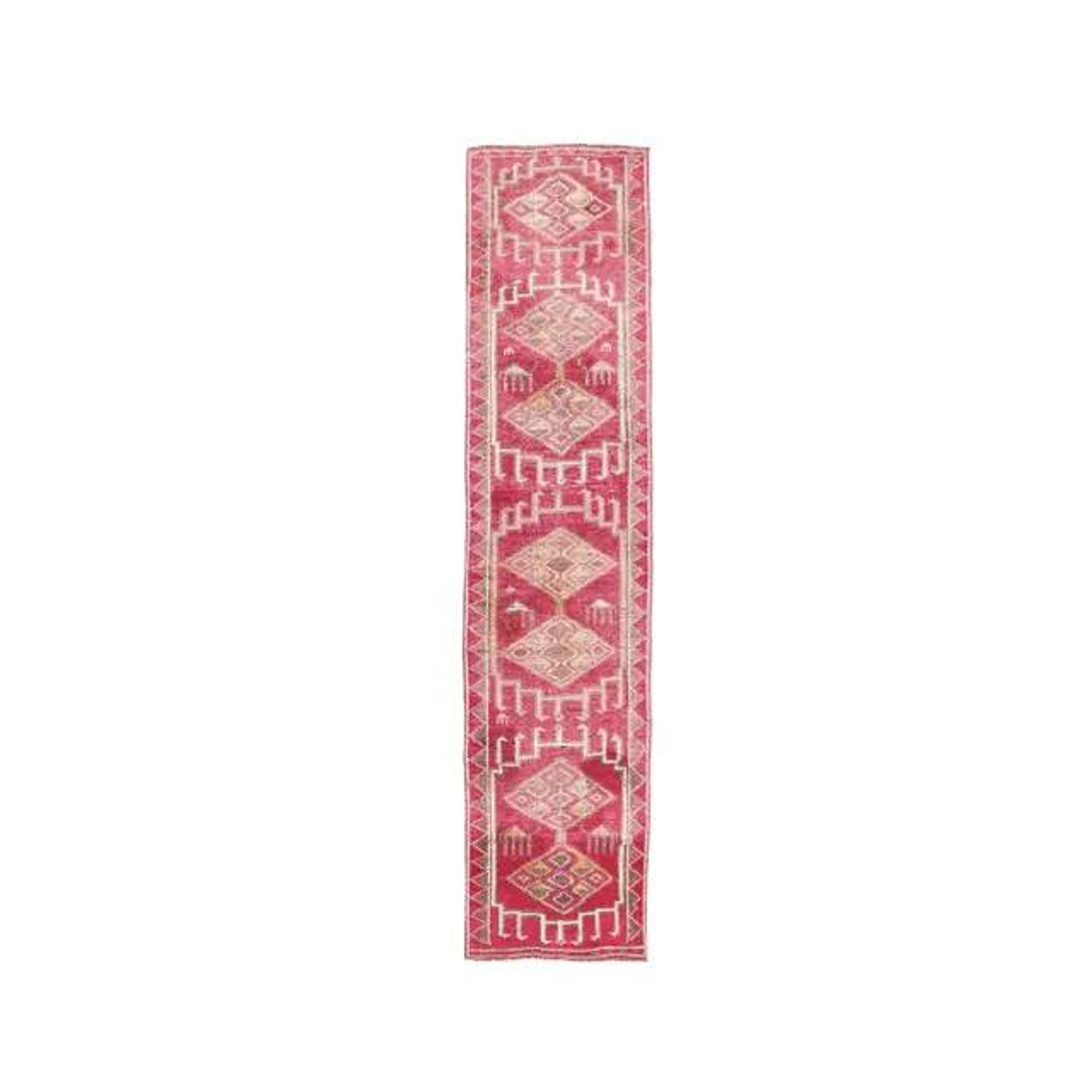 Vintage Pink Geometric Turkish Hand-Knotted Runner 80x361