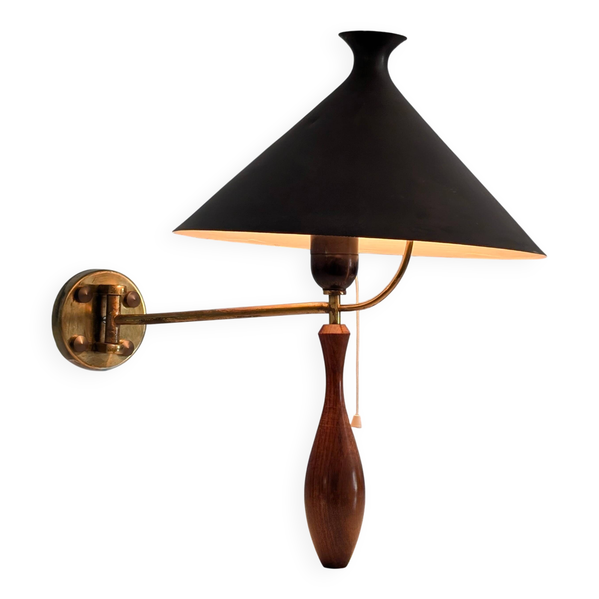 Mid-Century Wall Lamp in Brass and Wood with Black Shade, 1950s