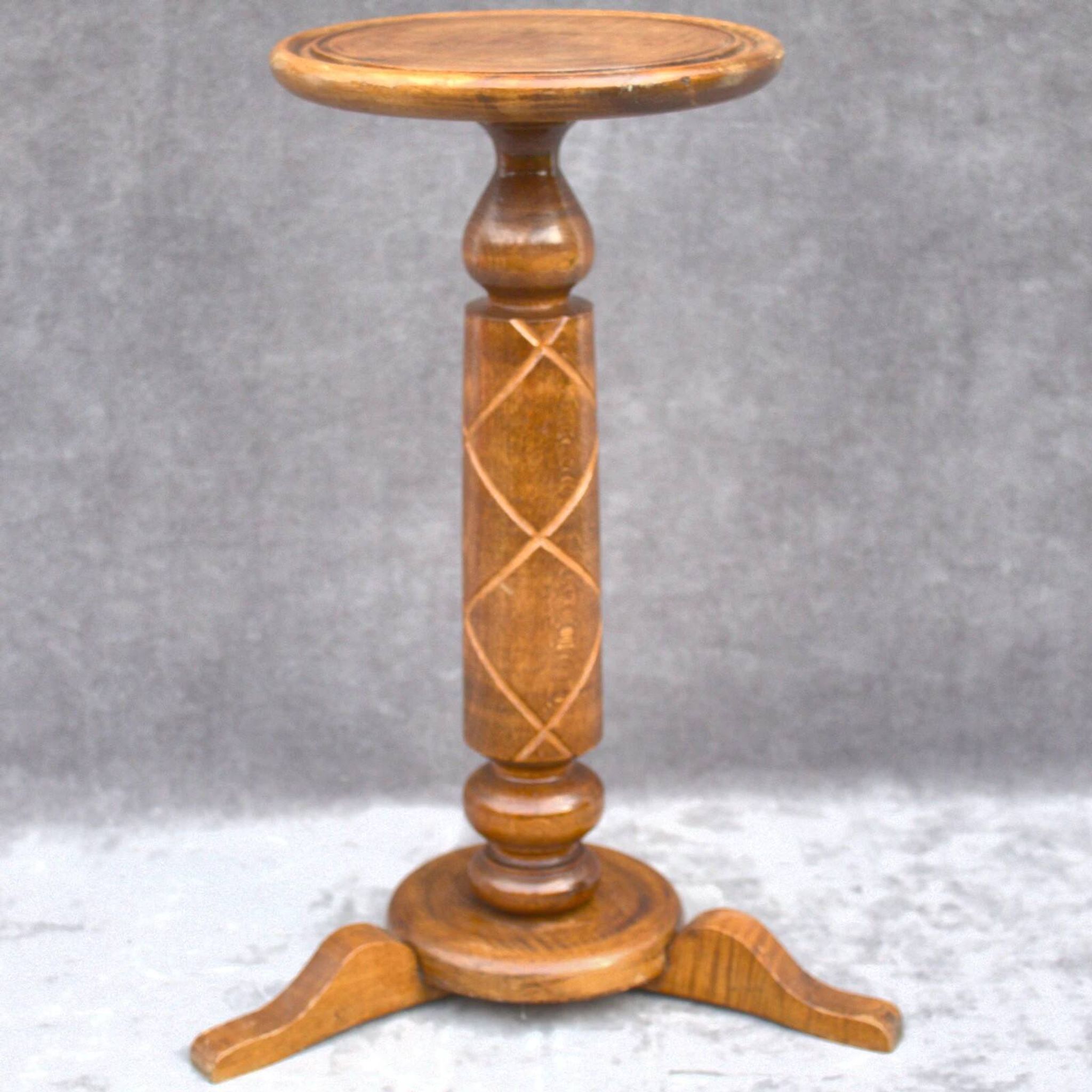 Antique Solid Wood Bonsai Pedestal Table, Ornate Carved Column, Elegant Home Decoration