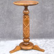 Antique Solid Wood Bonsai Pedestal Table, Ornate Carved Column, Elegant Home Decoration