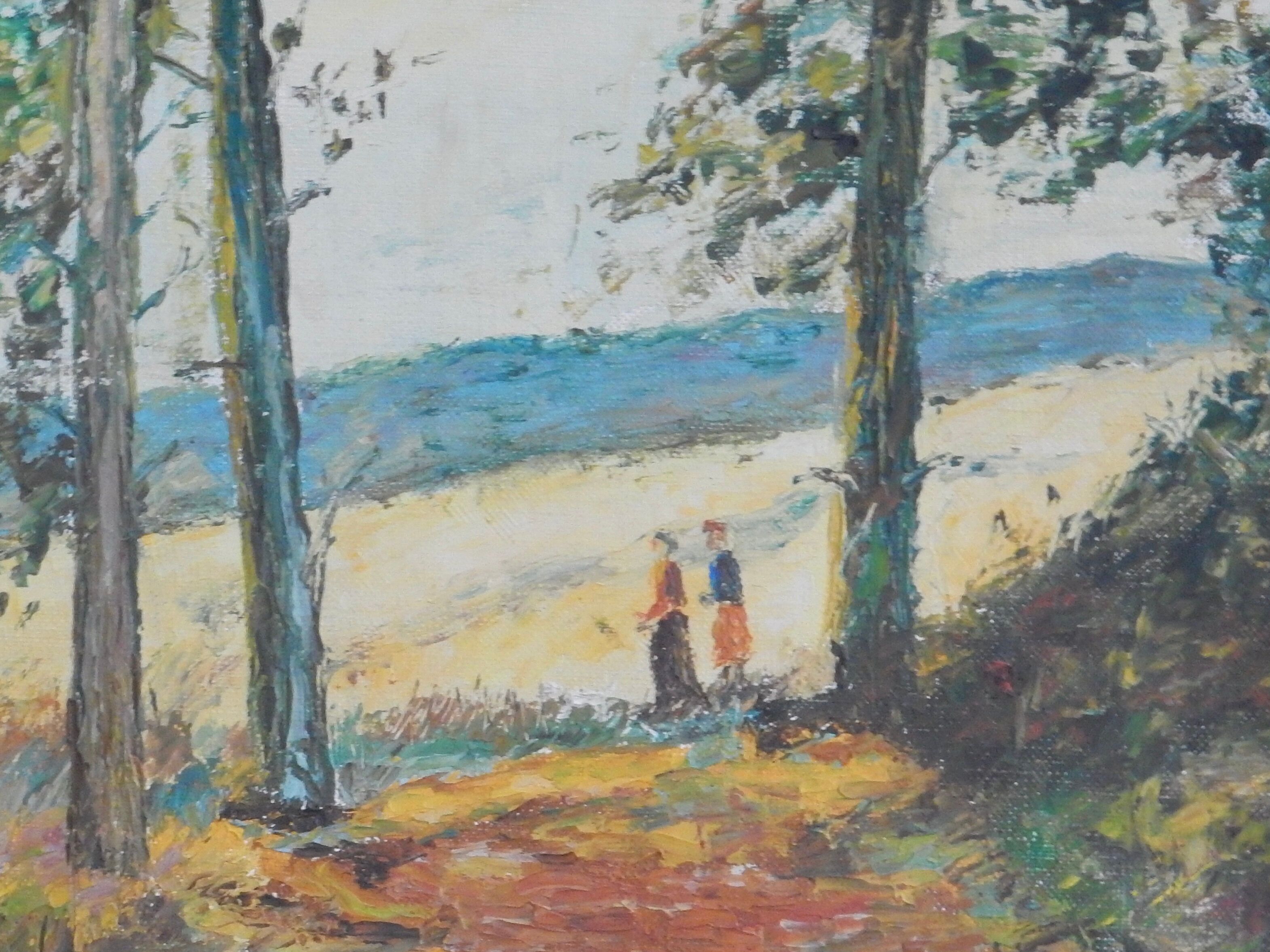 Oil on canvas painting forest by the sea