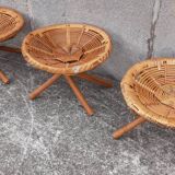 Low wicker and rattan stools, 1970s. (Set of 3)
