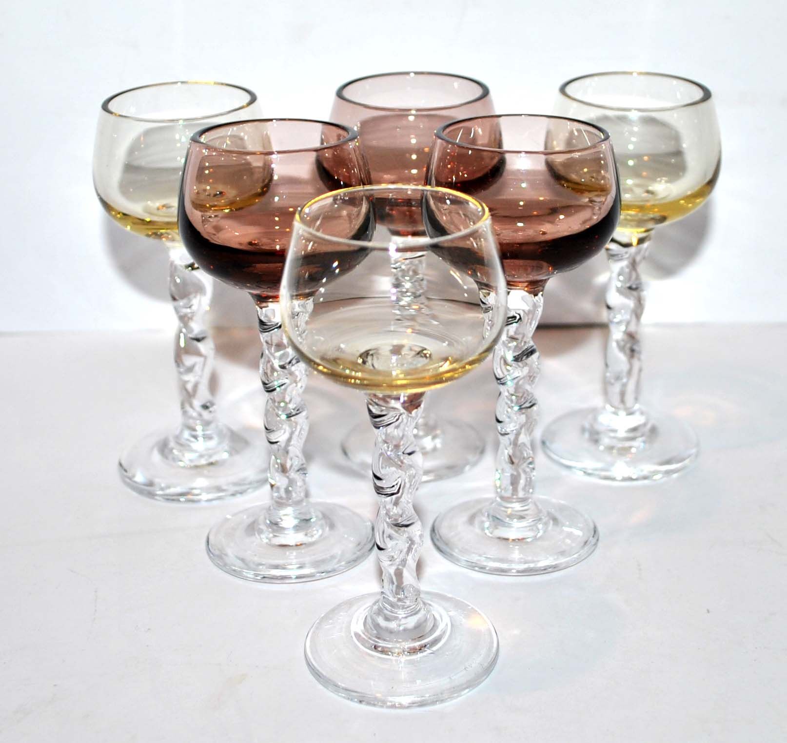 Set of 6 balloon stemmed glasses, Liquor glass in smoked colored glass 9.5cm