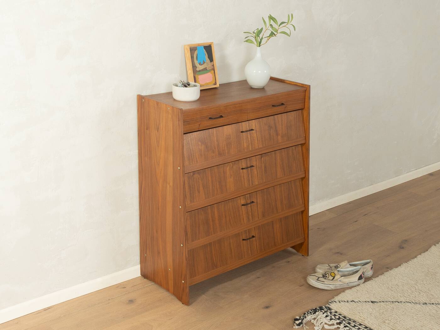 Classic shoe cabinet from the 1960s, walnut veneer, four drop-down doors, two drawers