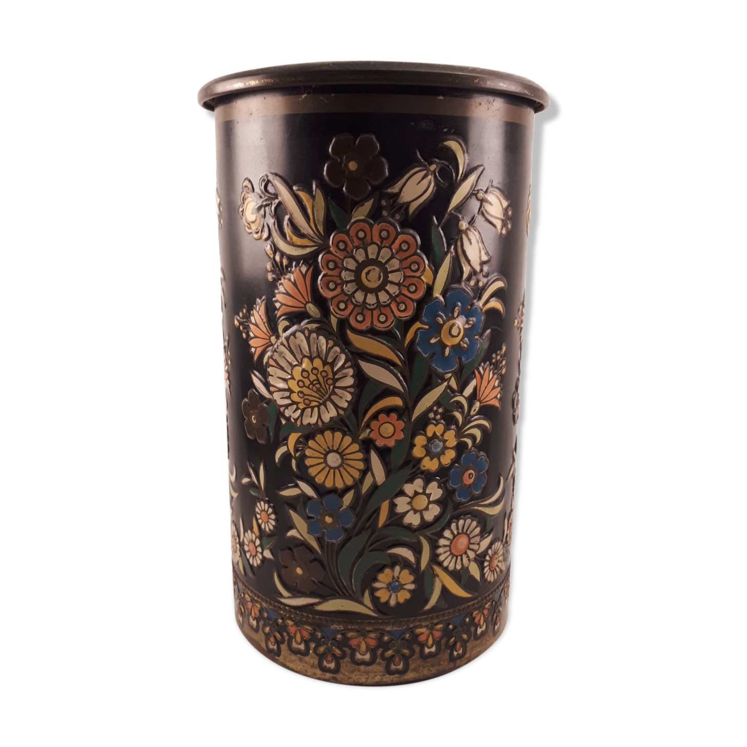 Large vintage waffle metal box 1960 deco flowers