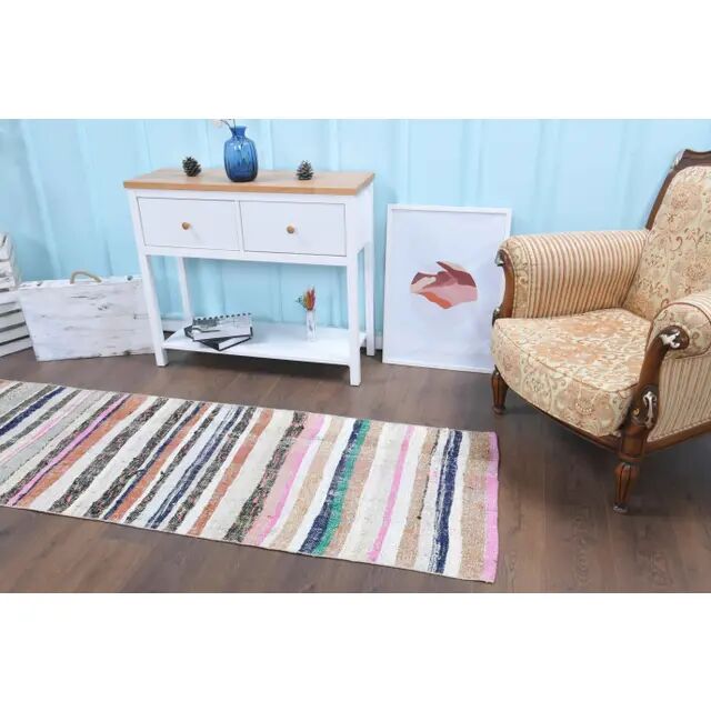 Vintage Turkish Hand-Knotted Wool Cotton White Kilim Runner Rug 78x228