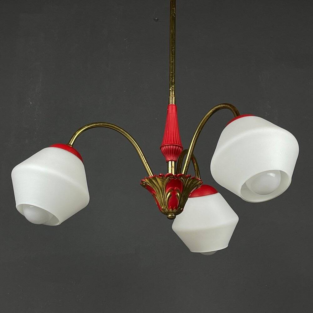 Italian vintage chandelier in brass and milky glass with 3 arms, 1950s.
