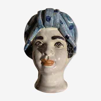 Mini blue head vase with women's polka dots