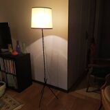 Vintage 1960s tripod wrought iron floor lamp with original lampshade