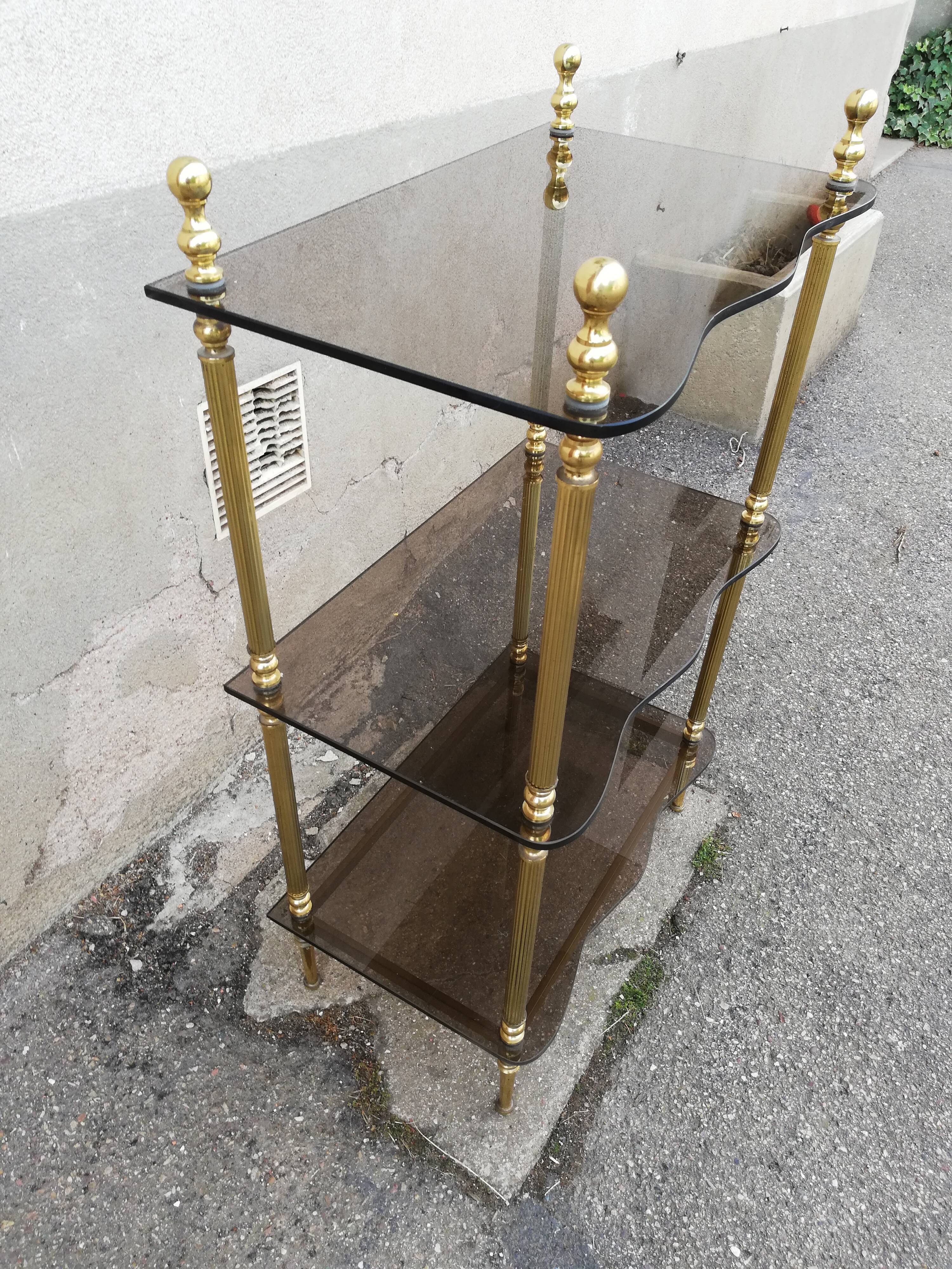Shelf vintage brass 3 trays smoked glass