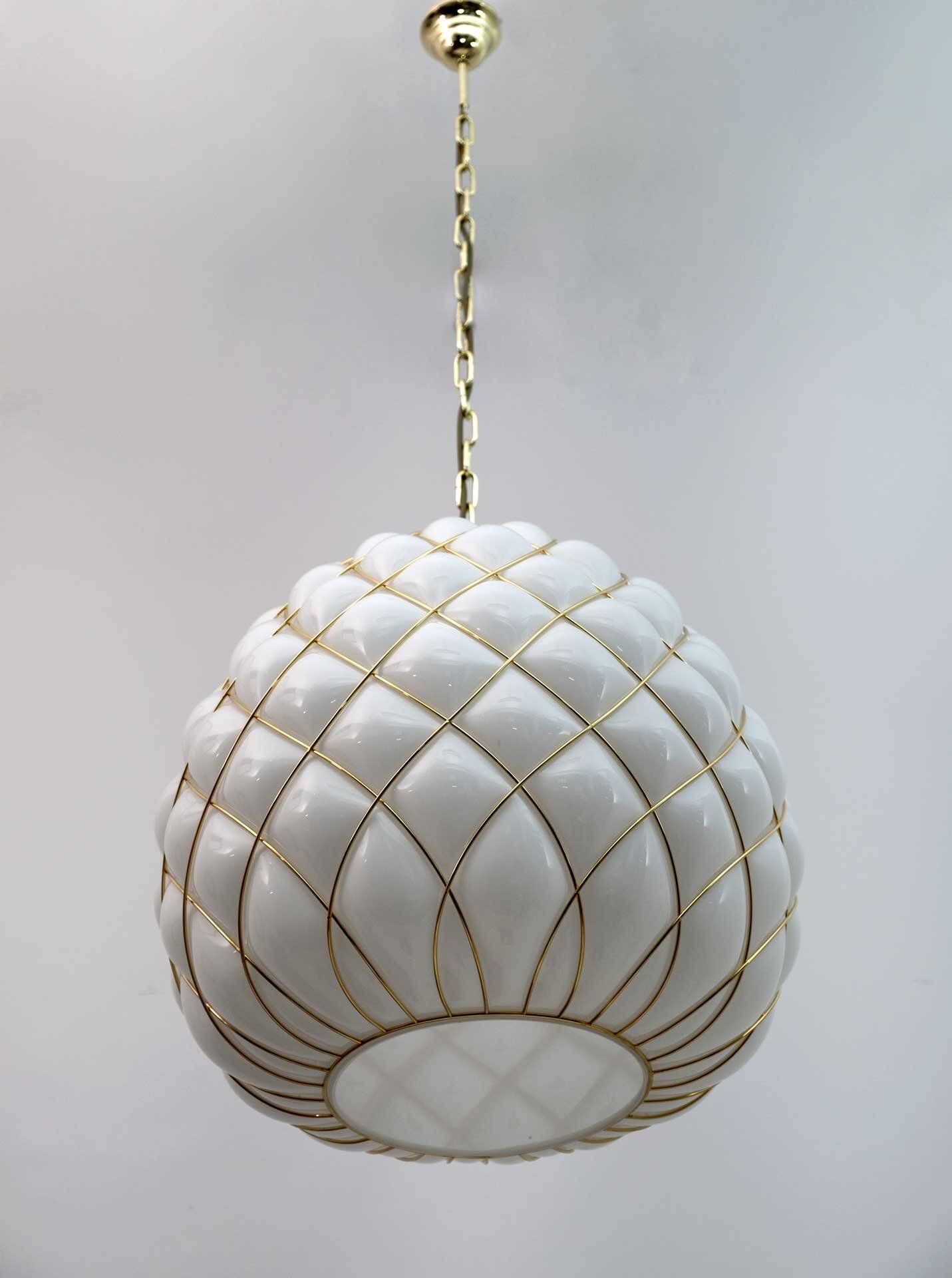 Modern Brass and Caged Murano Glass Large Pendant Lamp Fontana Arte Style