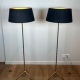 Pair of parquet floor lamps in faux-bamboo style in bronze and brass by Jacques Adnet.