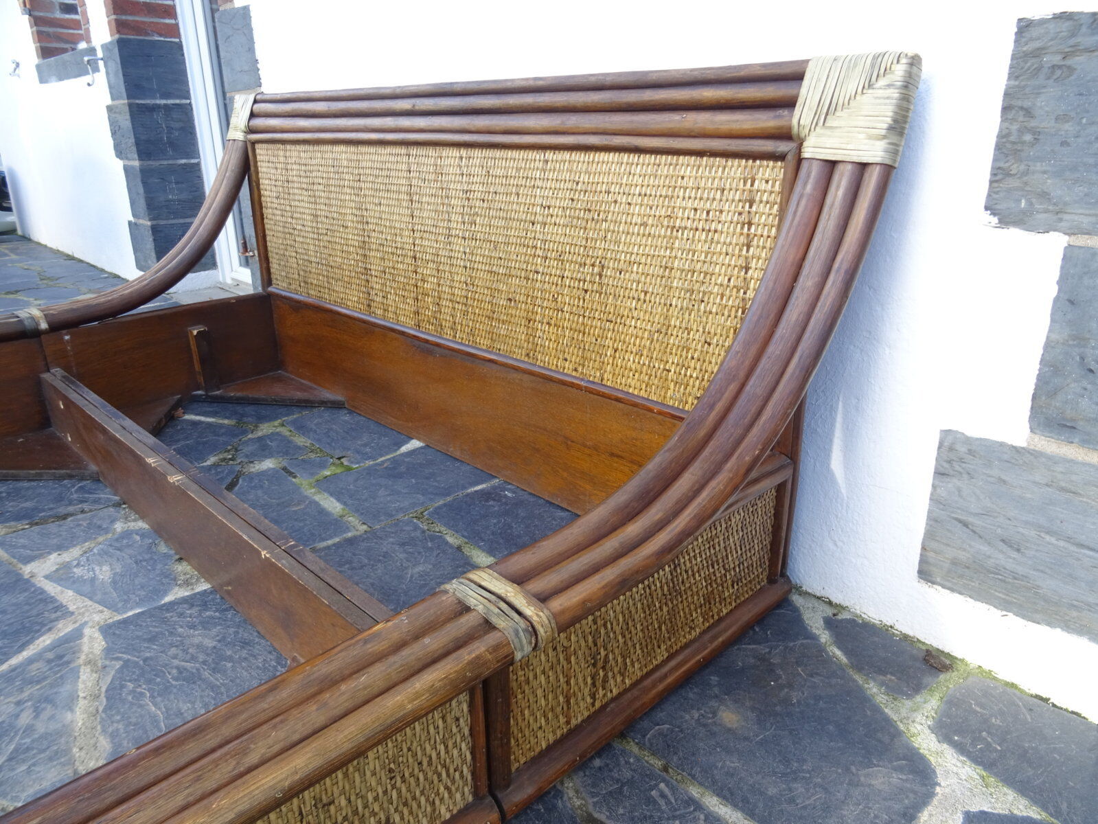 Lit double bambou et rotin années 80