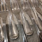 12 silver-plated metal cake forks by Argental silversmiths with a decorative pattern