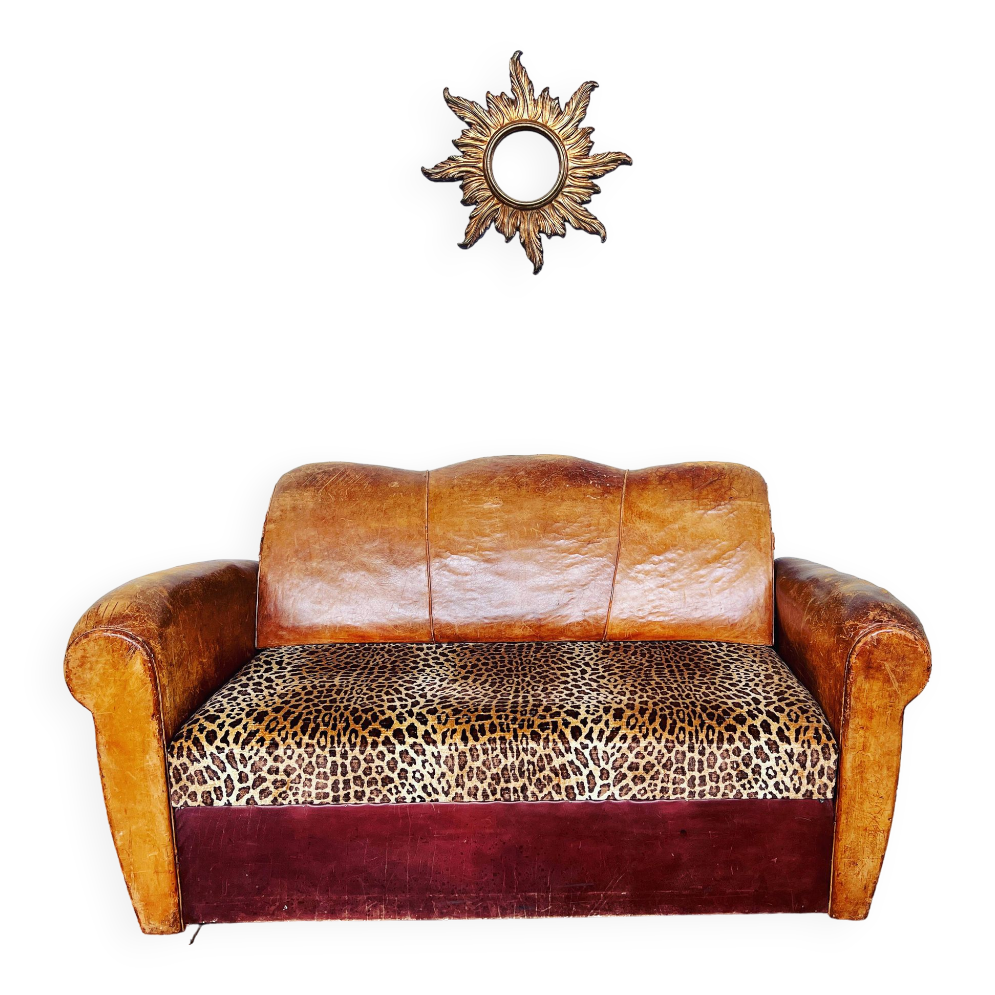 Canapé club Art Déco en cuir et motif léopard