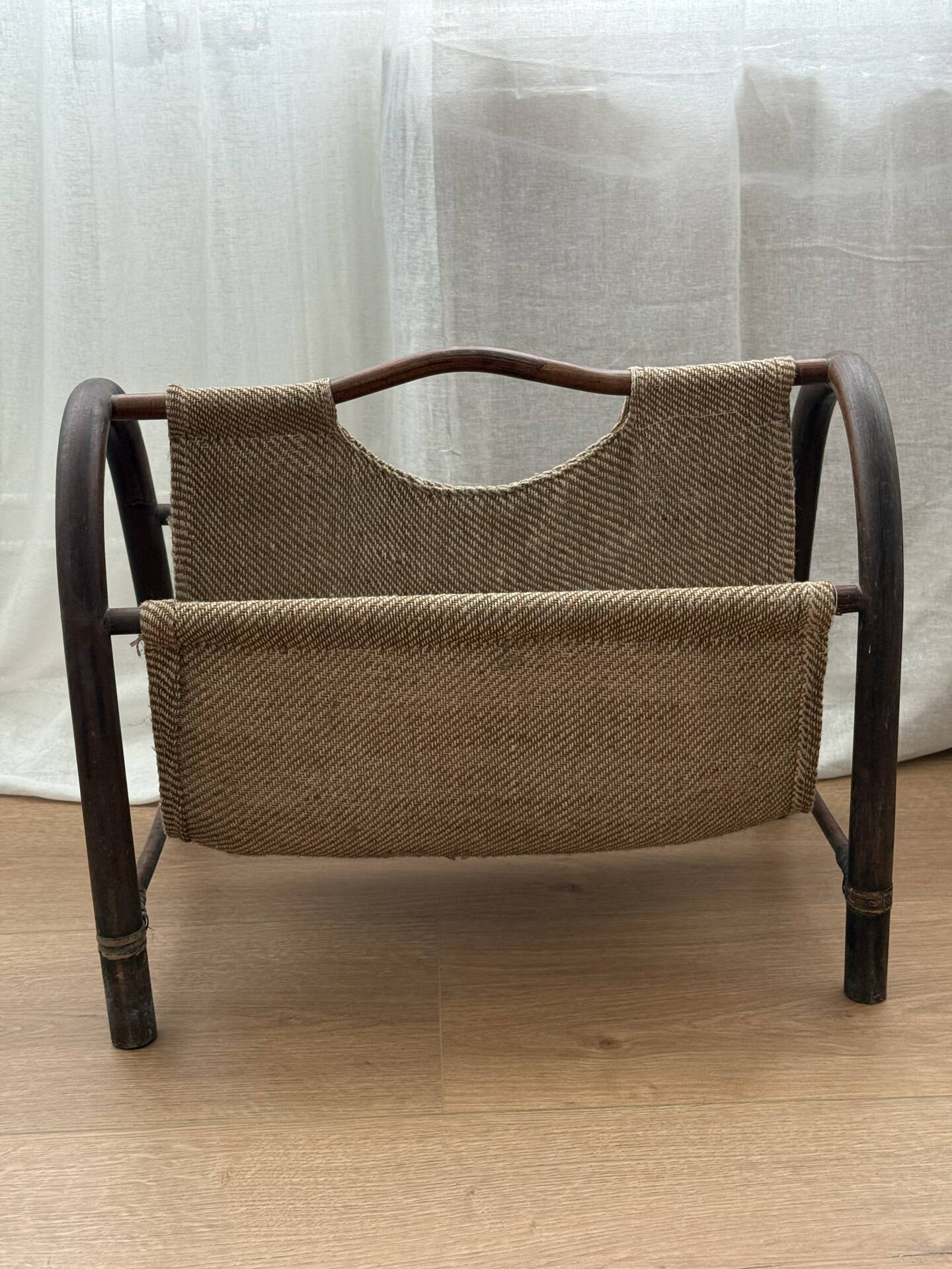 Vintage Rattan & Jute Magazine Rack | Bohemian Mid-Century Style | 197