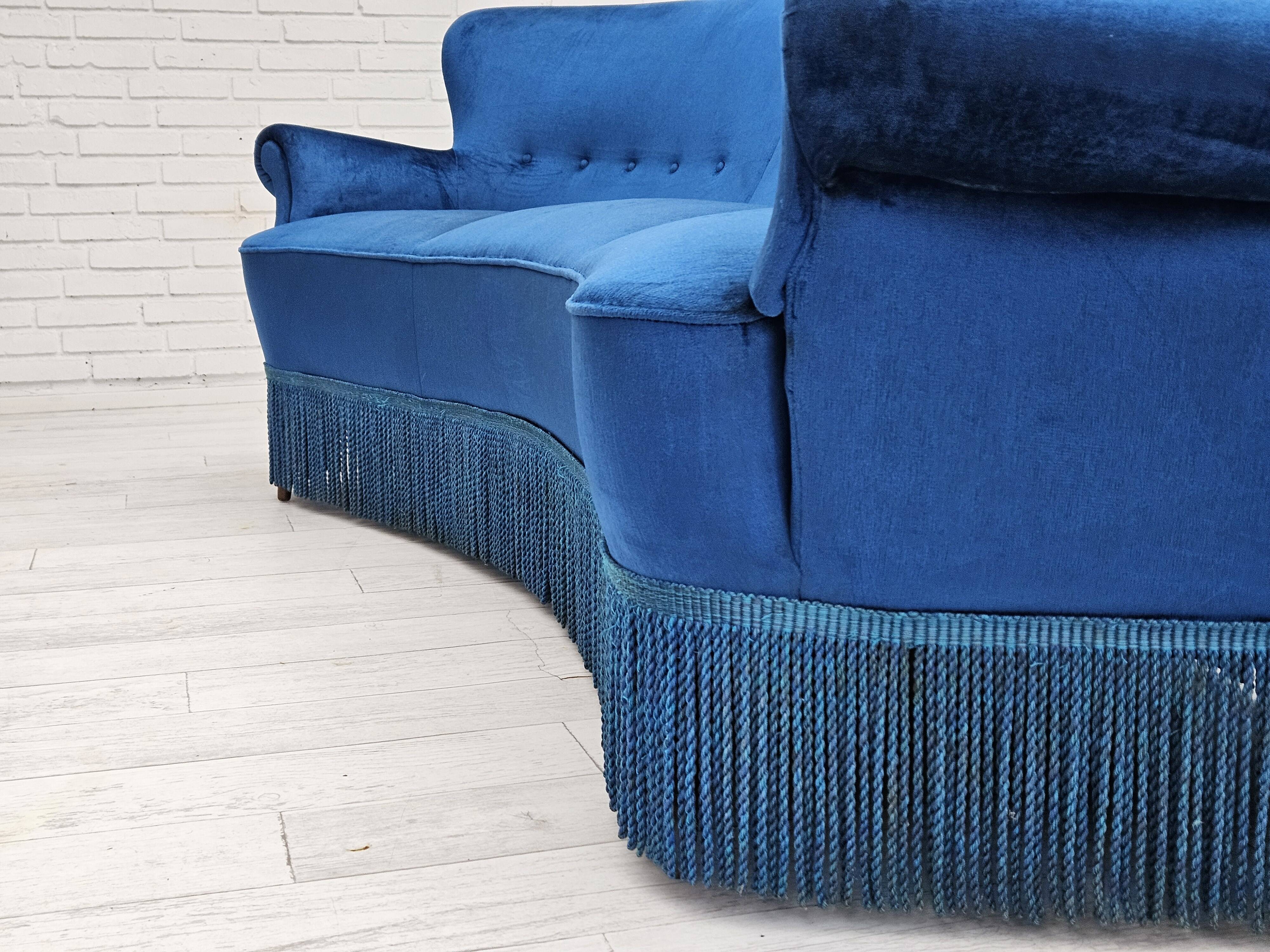 1960s, Danish 3-seater curved sofa, blue furniture velour, beech wood legs.