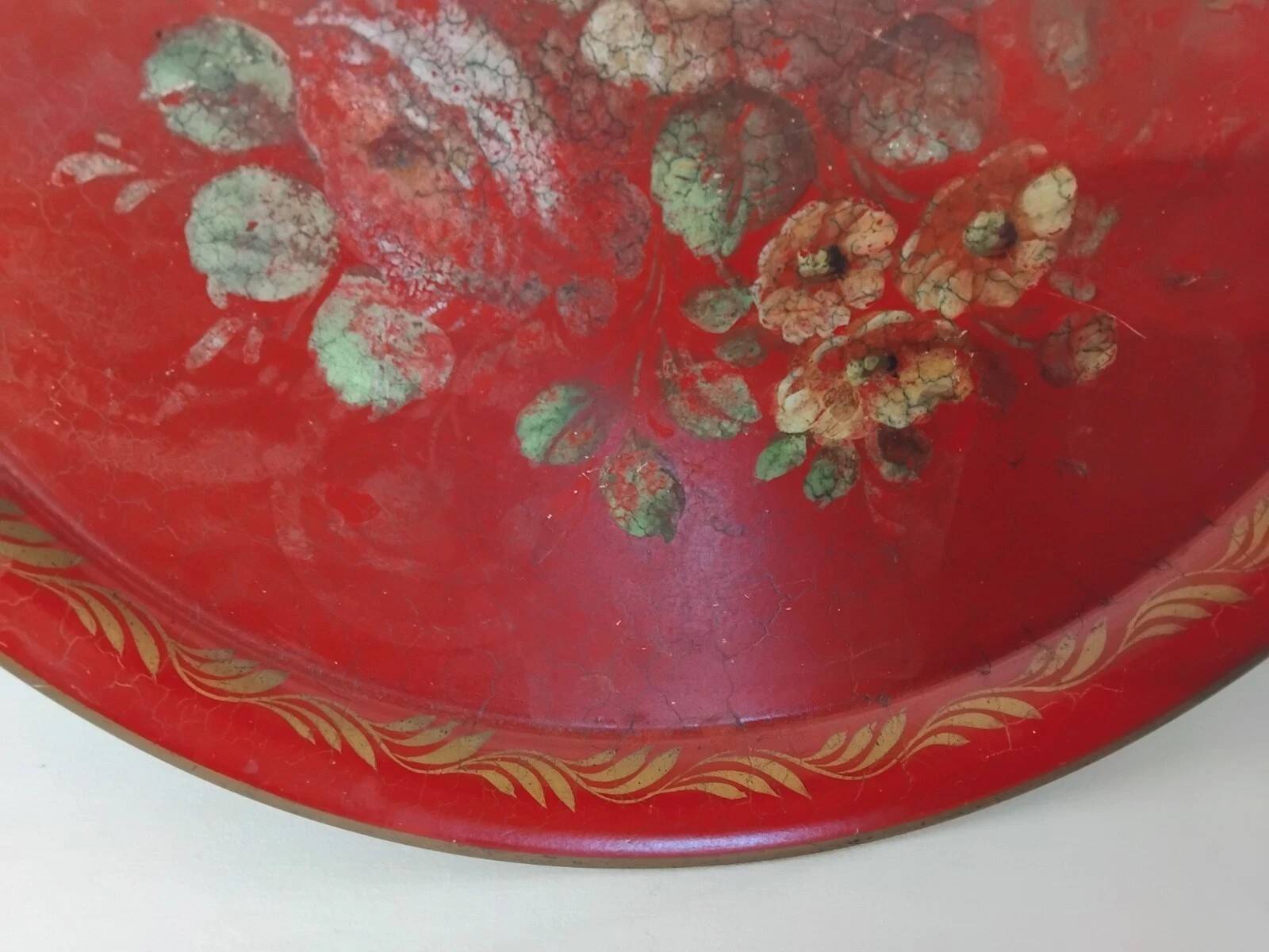 Antique Napoleon III Round Sheet Metal Tray - Flower Painting