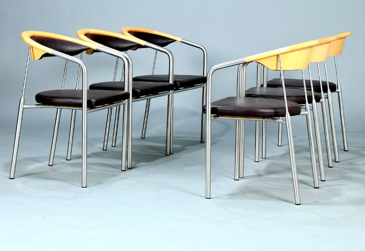 Series of 6 danish armchairs in stainless steel and wood, dark brown leather seats from the 1990s