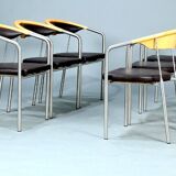 Series of 6 danish armchairs in stainless steel and wood, dark brown leather seats from the 1990s