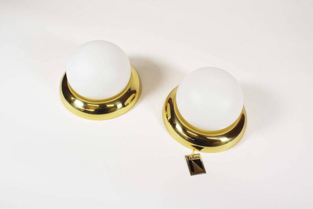 opaline glass and brass vintage wall lights by Kaiser Leuchten, Germany 1970s