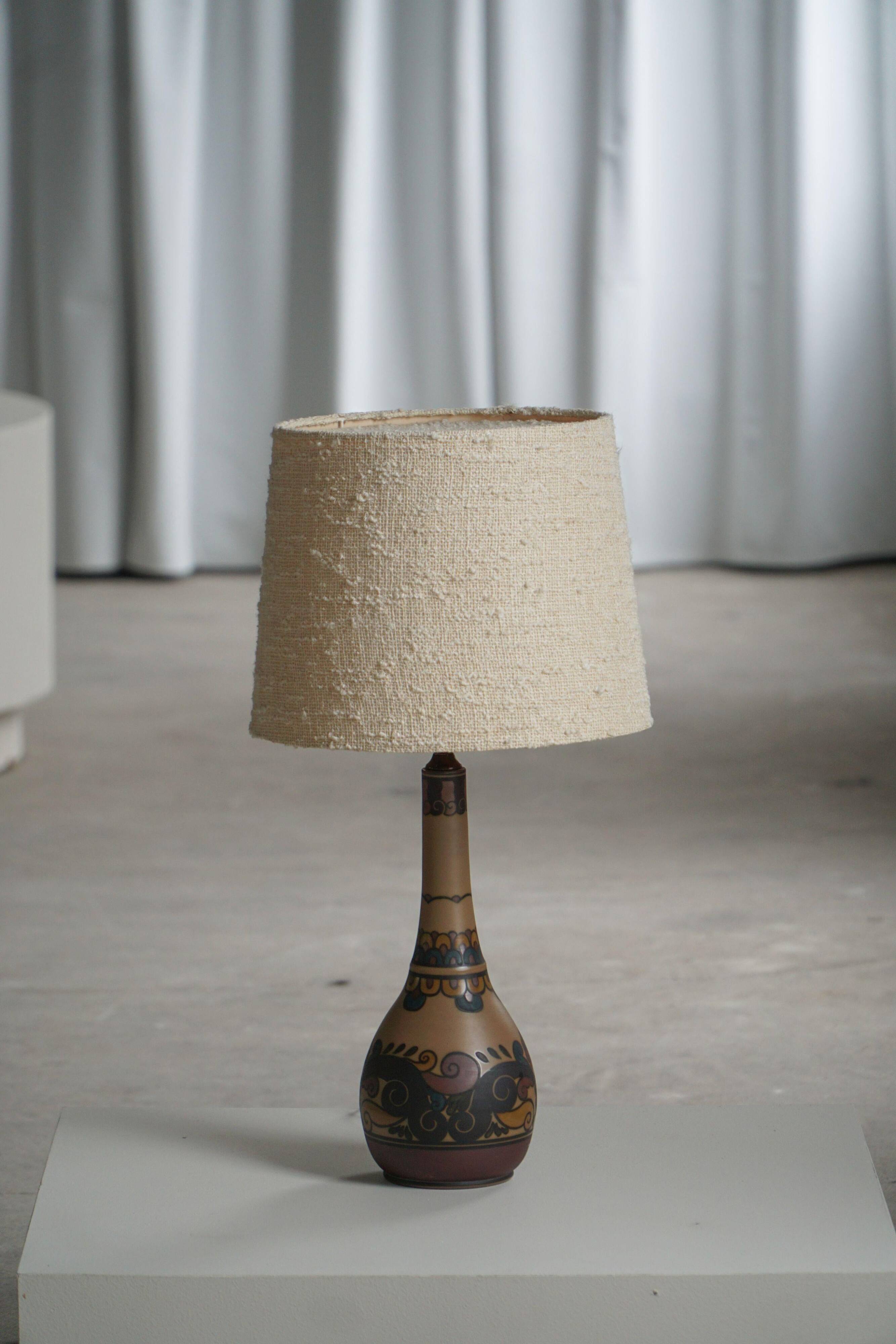 Art Nouveau table lamp in coloured terracotta by L. Hjorth, Bornholm, 1930s.