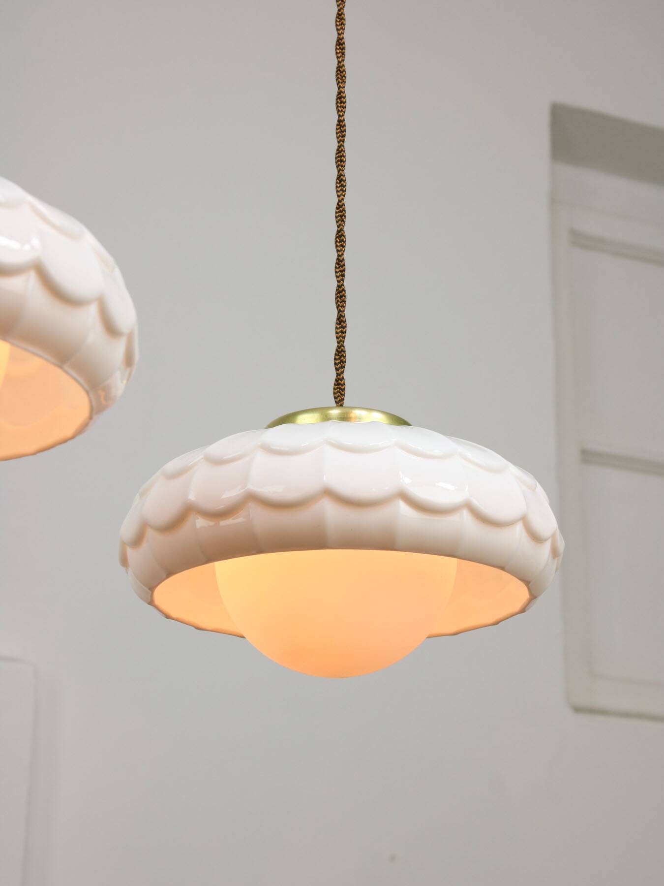 Mid-Century Italian Ceramic & Brass Pendant Lamps, Set of 2