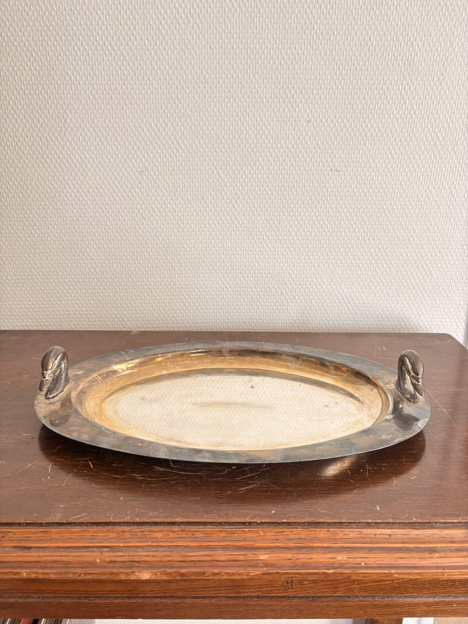 Ancien Plat Plateau Service Métal Argenté Canard Oie Cygne